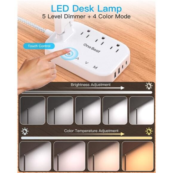 Power Strip with LED Desk Lamp, 3 Outlets 4 USB Ports(2 USBC) 4 Modes 5 Level - Picture 3 of 7